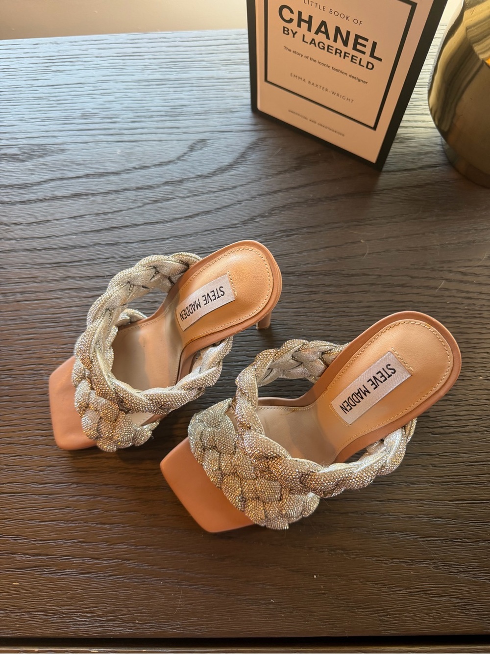 Steve Madden Tan Mules with Braided Metallic Silver Straps